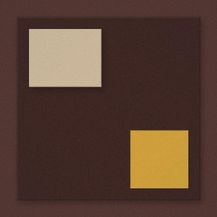 Walnut square with a small ochre inset in the lower corner.