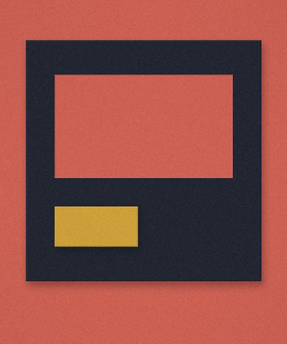 Coral field with a midnight inset and a small ochre bar.