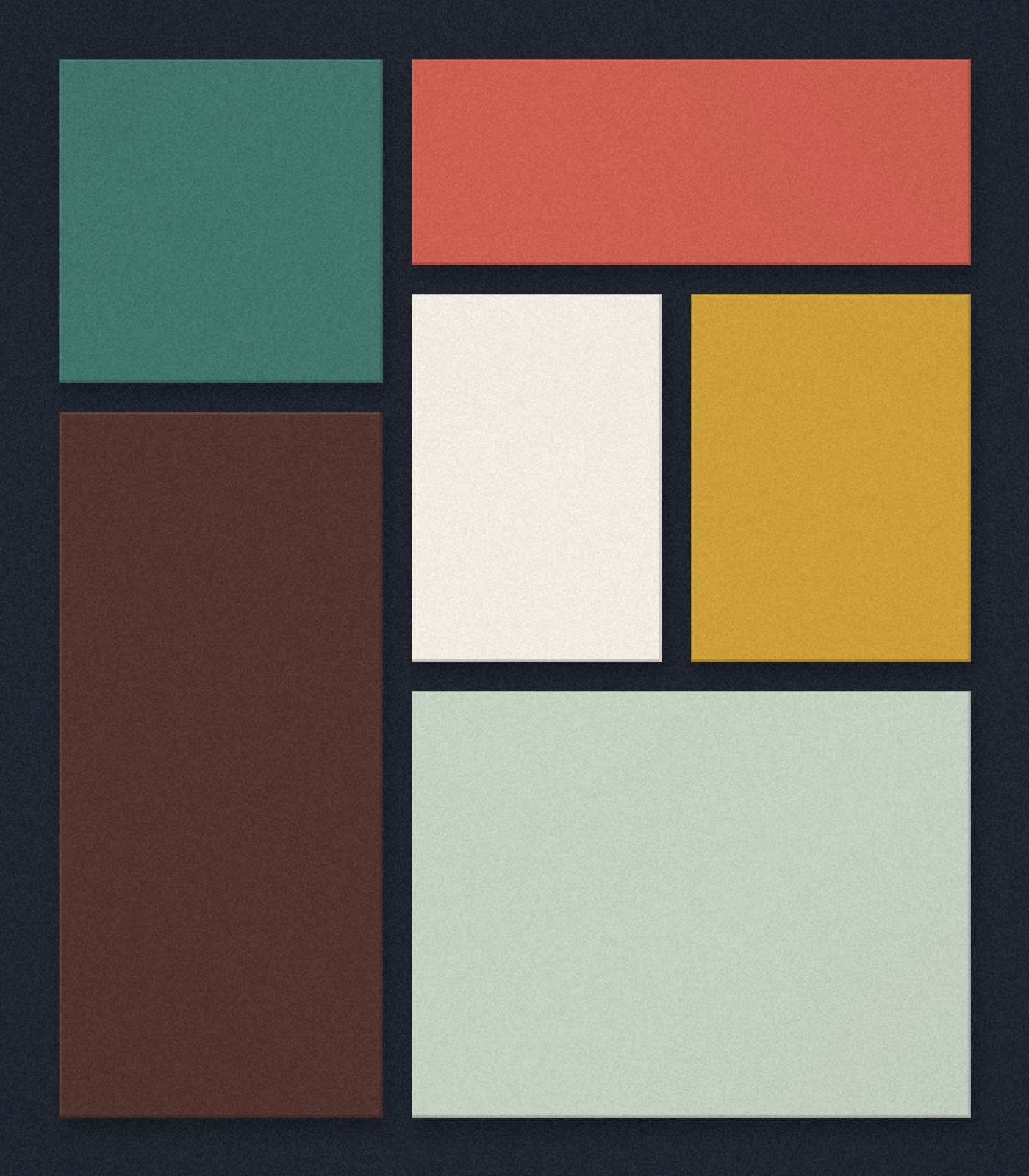 Studio composition of fitted jade, coral, walnut, ochre and celadon blocks on a midnight ground.