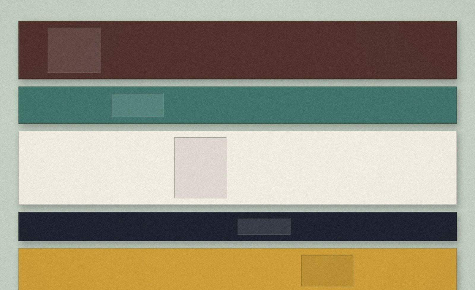 Horizontal material lanes in walnut, jade, porcelain, midnight and ochre, each carrying a smaller inset block.