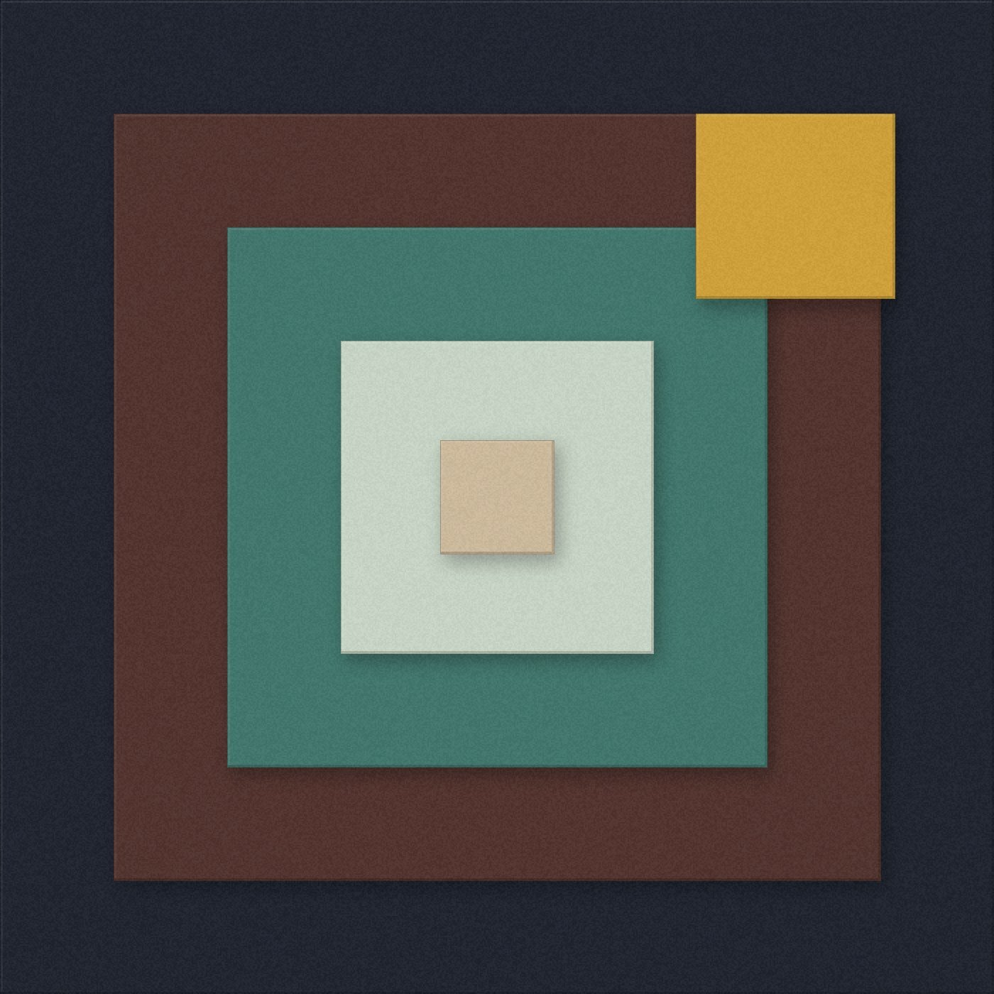 Nested square fields in sandstone, celadon, jade, walnut and midnight with an ochre offset.