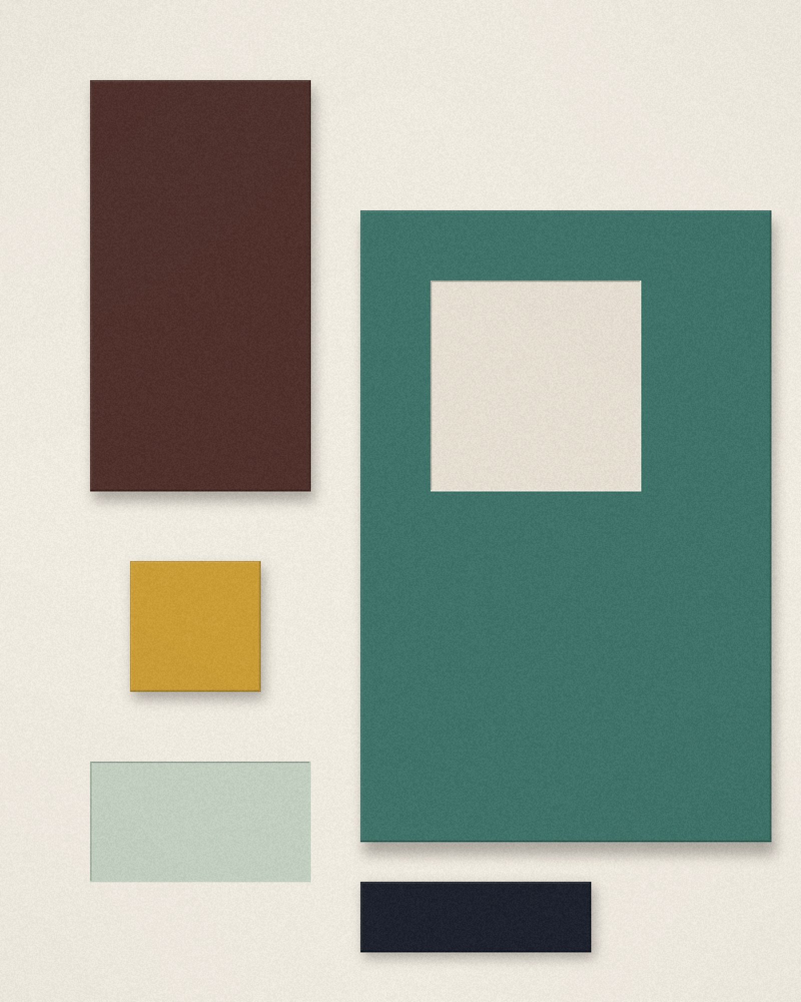 Studio still-life of fitted material blocks in walnut, jade, ochre and celadon on a porcelain ground.